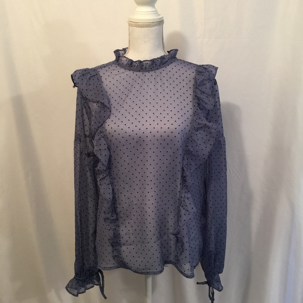 Topshop sheer blue ruffle polka dot blouse NWT
